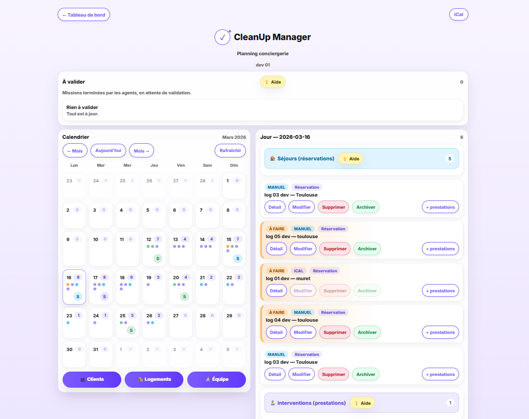 Planning des logements et interventions sur CleanUp Manager