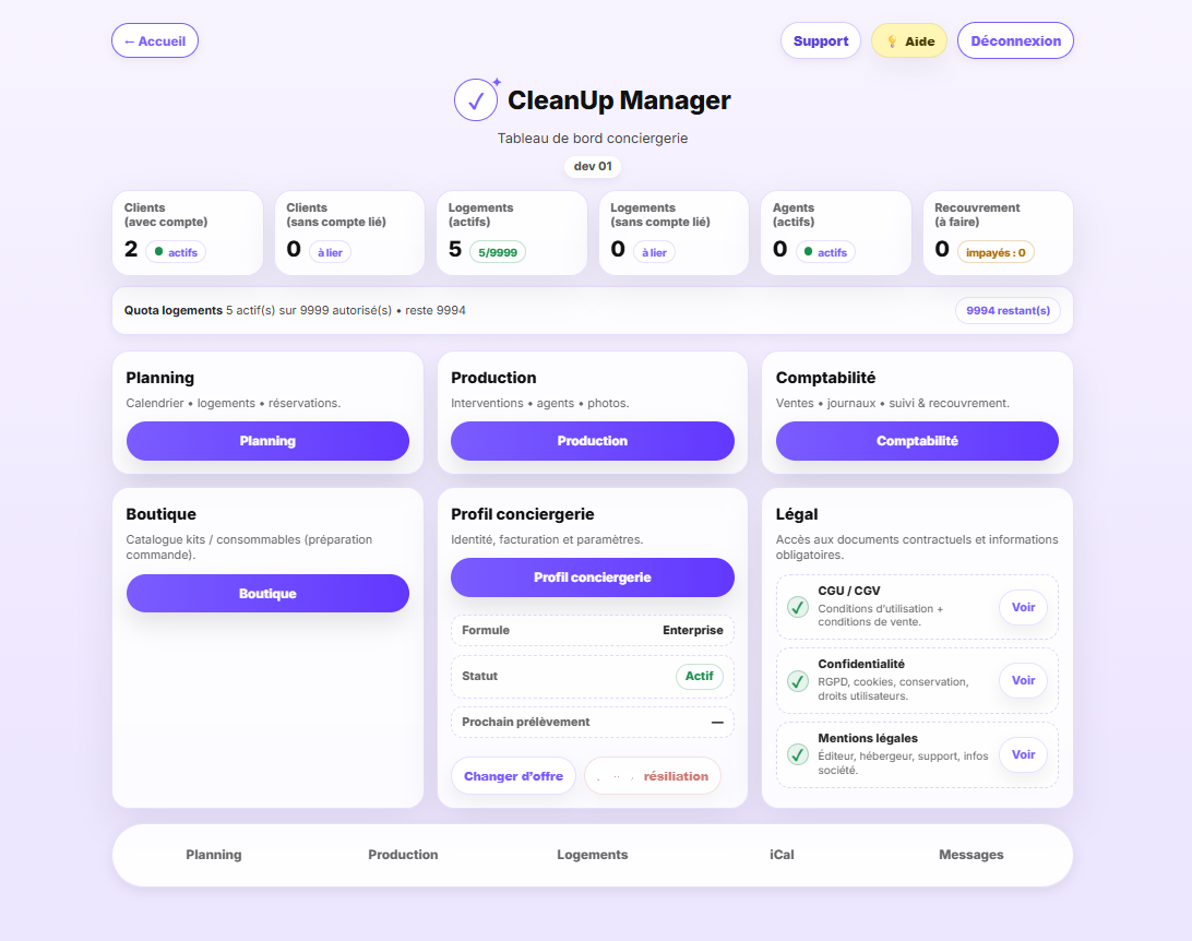Tableau de bord CleanUp Manager pour conciergerie